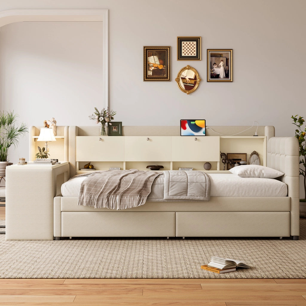 Letto singolo 90x200 cm beige con scrivania reversibile, 2 cassetti e USB/Type-C