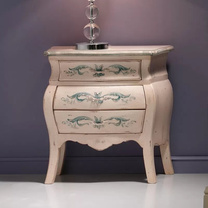 Comodino bombato shabby legno avorio decori floreali 62x32x65 (1369) - Mobili 2G