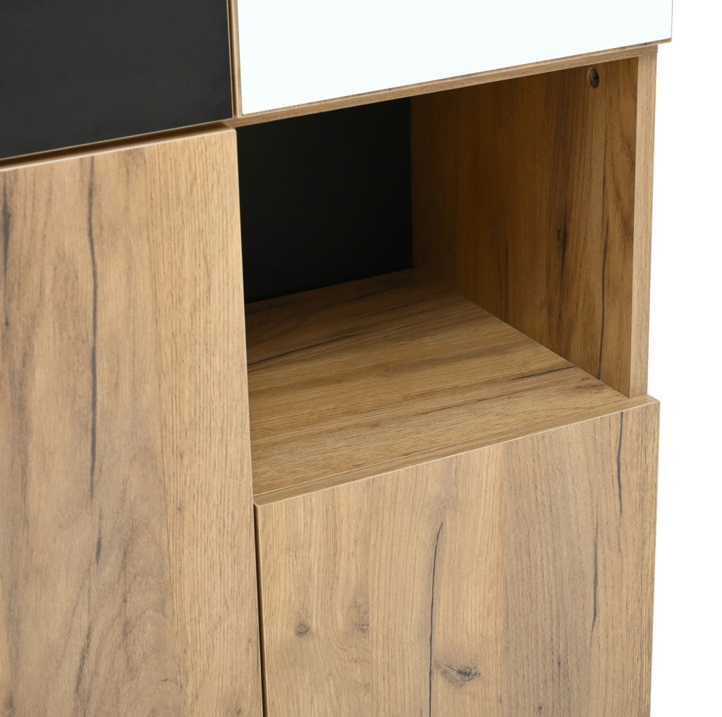 Armadio alto ULEVR 65x35x190 cm con specchio, 4 ante e vano aperto, nero e naturale