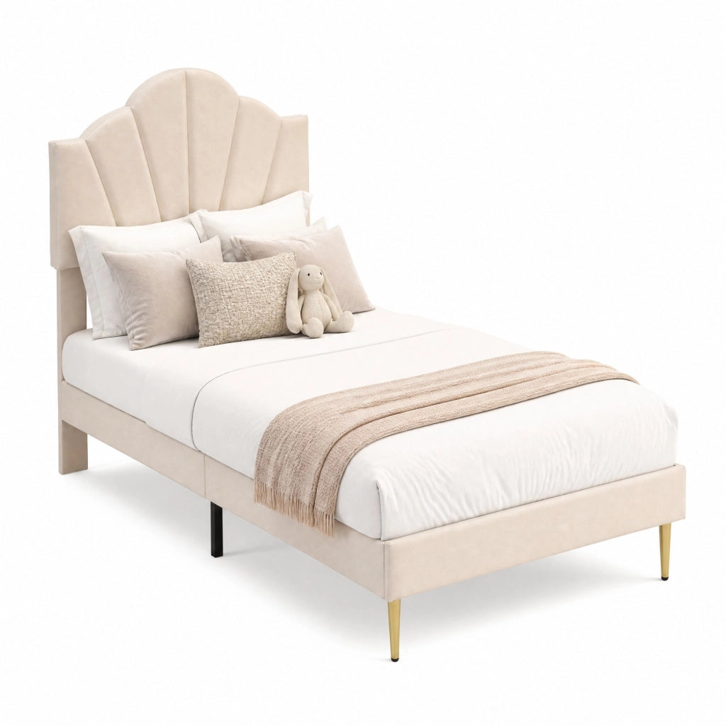 Letto imbottito in velluto beige 90x200 cm con testiera regolabile, rete a doghe in legno e metallo, panca contenitore