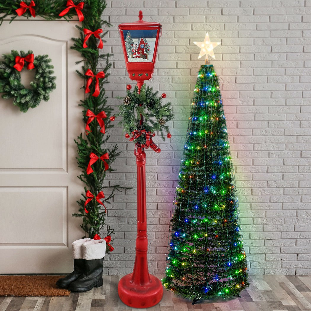 Lampione Rosso Natale H195 cm Decorazione con Suoni Mini Lucciole e ghirlanda