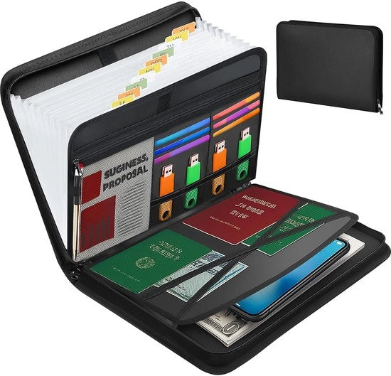 Documentoteca A4 con 13 contenitori, accordeon trasparente, resistente al fuoco, chiusura a raso, etichette, nero (36,5 * 26,5 * 4,8 cm)