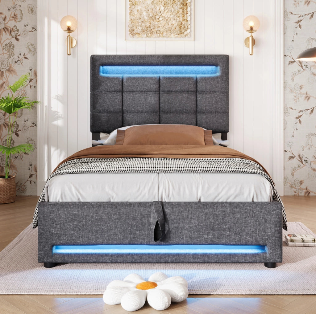 Letto imbottito grigio 90 x 200 cm con LED APP, vano idraulico e USB