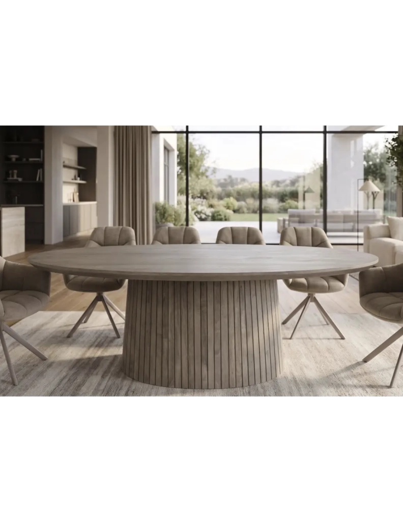 Tavolo da pranzo ovale ORINO 220 cm in legno massello di mango grigio con piede centrale scanalato – 10 posti