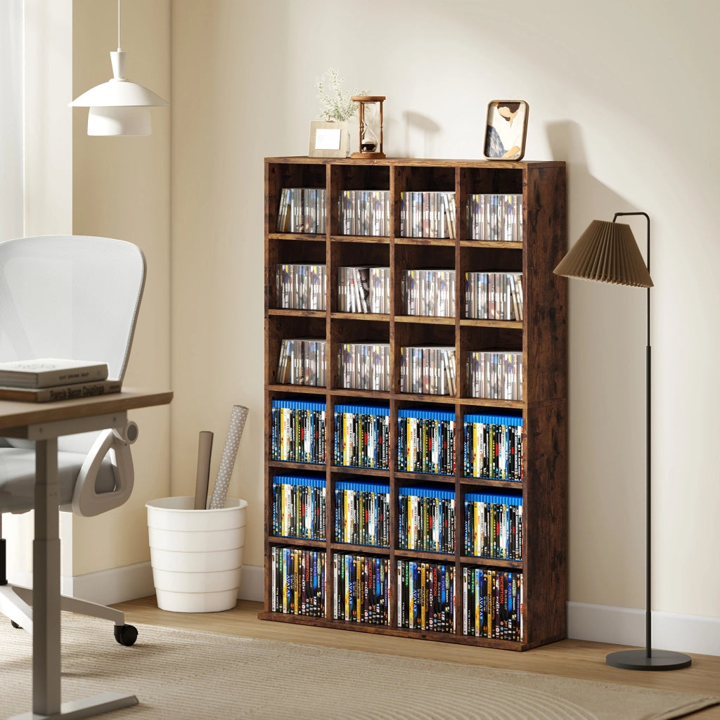 Meuble de Rangement 456 CDs / 336 DVDs, Étagère Multimédia, 24 Compartiments et 16 Étagères Ajustables, Marron