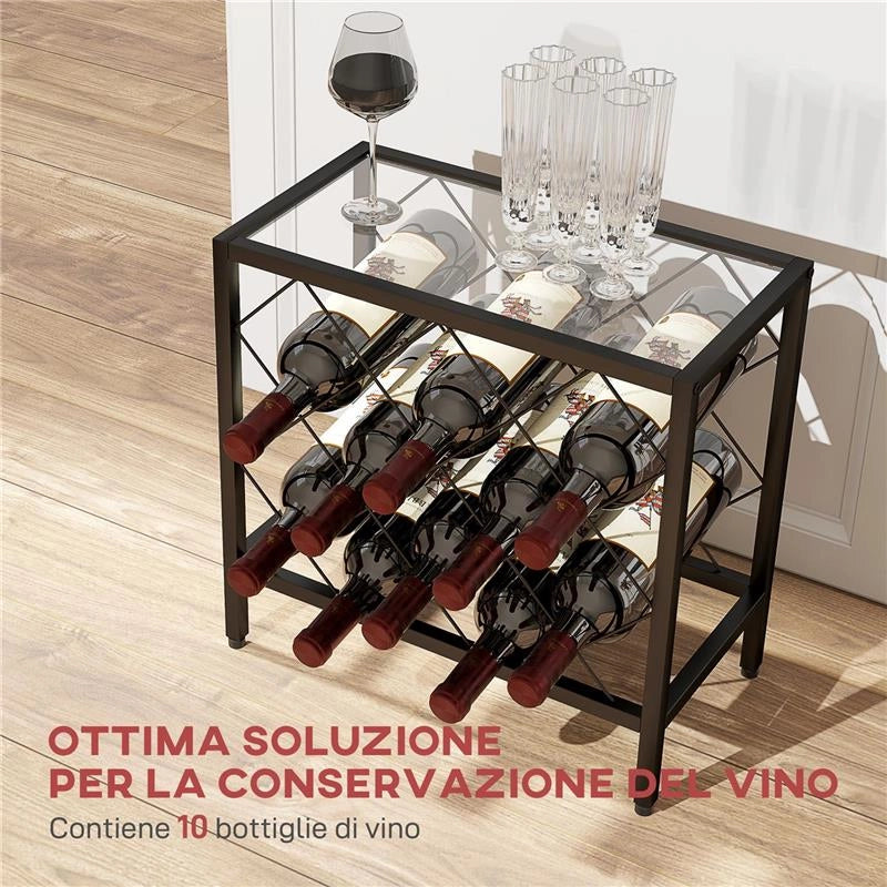 PORTABOTTIGLIE VINI PER 10 BOTTIGLIE IN ACCIAIO NERO CON PIANO D'APPOGGIO IN VETRO TEMPERATO 41X22X41 CM