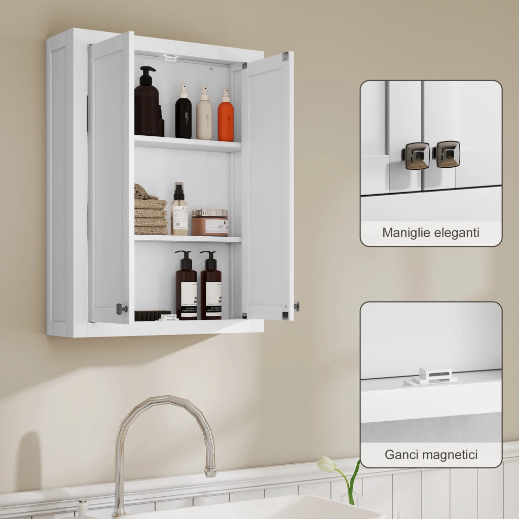 Mobile da Bagno a Parete in Legno con 2 Ripiani Regolabili su 3 Livelli, 61x20x84 cm, Bianco
