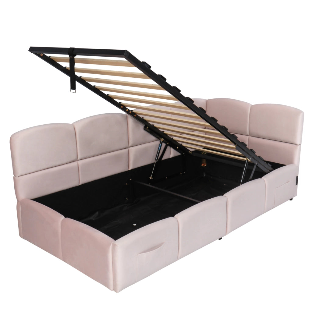 Divano letto contenitore 90x200 cm con USB e USB C; velluto rosa