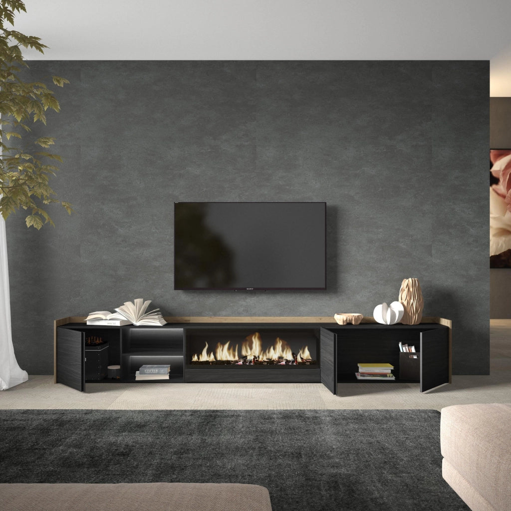 Mobile TV Soggiorno, 315x50x35 cm, Per TV fino a 80", Camino elettrico XXL, LED, Nero e rovere