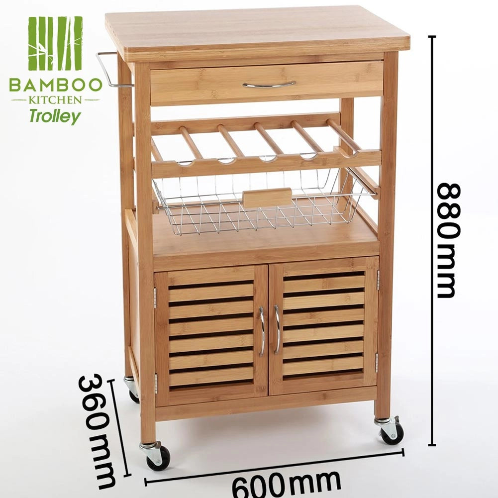 Carrello Cucina in legno BAMBU con Portabottiglie Cassetto Posate Cesto Acciaio