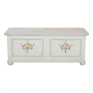 Cassapanca in legno Shabby chic mod cipolla bianco anticato decorazione filo azzurro