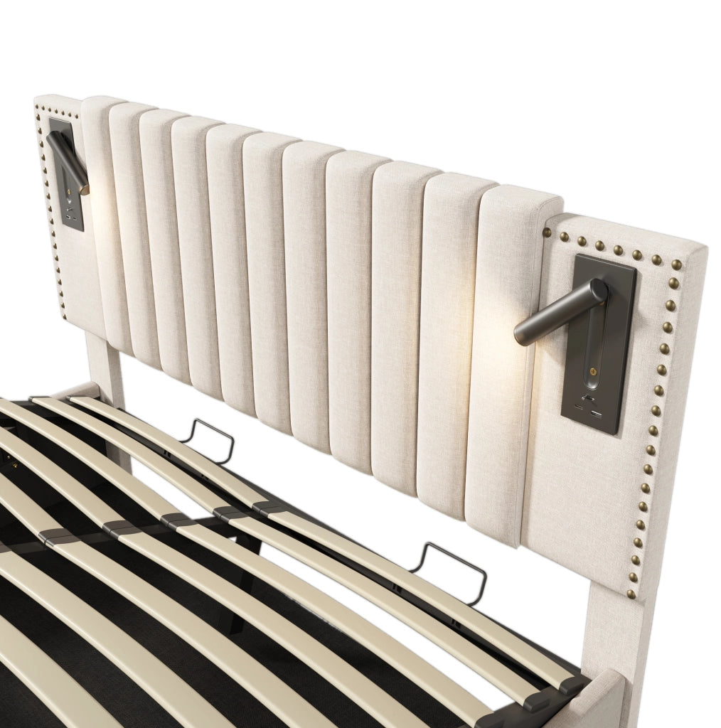 Letto matrimoniale imbottito 140x200 cm beige con contenitore; luce da lettura e porte USB-C