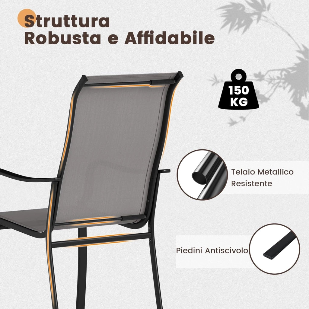 Set di 2/4 Sedie da Pranzo Giardino, Mobile da Pranzo con Schienale Alto, Struttura in Metallo, Poltrona per Esterno Giardio Balcone, Portata 150 kg