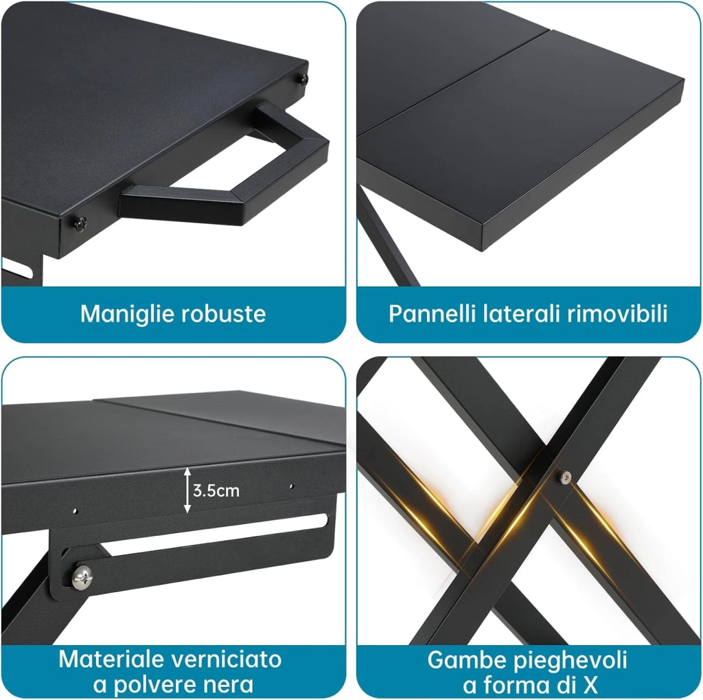 Carrello Barbecue Pieghevole con Ripiano Staccabile, 102x39cm Supporto Portatile con 2 Ruote, Tavolo Stabile per BBQ, per Esterno da Campeggio, Picnic e Giardino, Montaggio Facile, Nero
