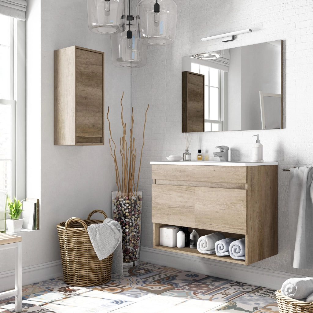 Mobile Bagno Sospeso Mobiletto In Legno Con 2 Ante E Ripiani Vani Aperti Lavabo Ceramica Con Specchio E Led Design Nordico Moderno La Brea 80 X 45 X 64 Cm Rovere