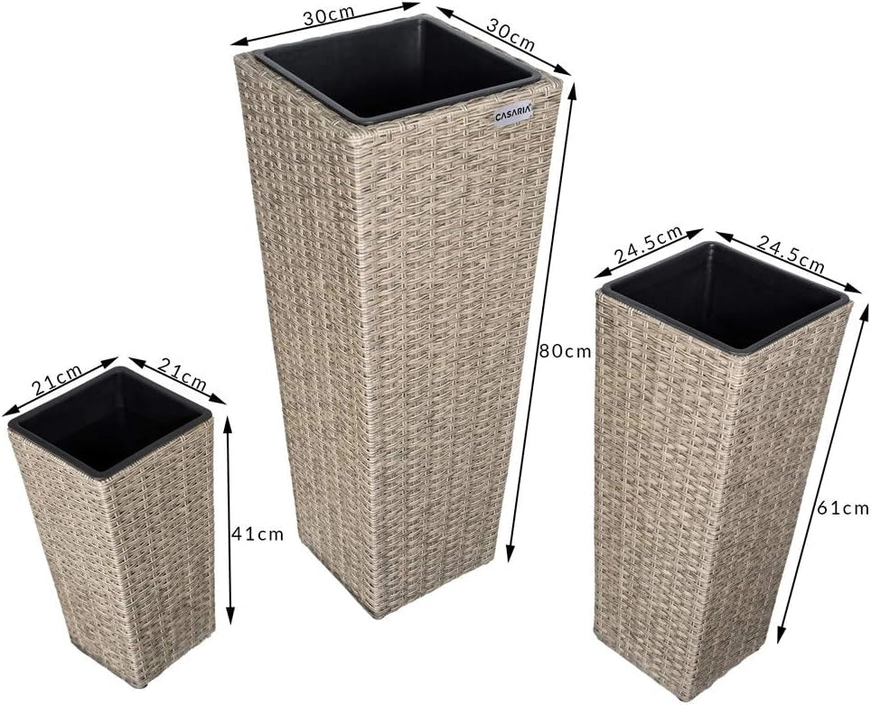 Deuba CASARIA® Set di 3 Vasi da Fiori in Polyrattan Intrecciato con Sottovaso e Foro Deflusso Acqua Richiudibile Vaso per Piante Effetto Rattan da Esterno Giardino Fioriere Fioriera