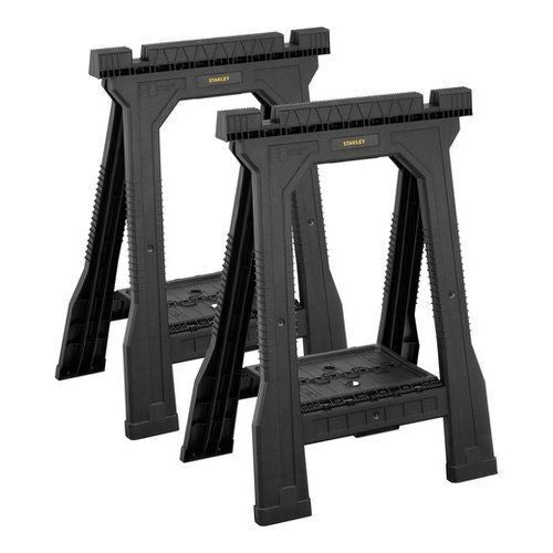 STANLEY STST1-70355 Coppia di Cavalletti da Lavoro Pieghevoli in Polipropilene Portata 362 Kg con Base Scanalata e Ripiano Integrato colore Nero