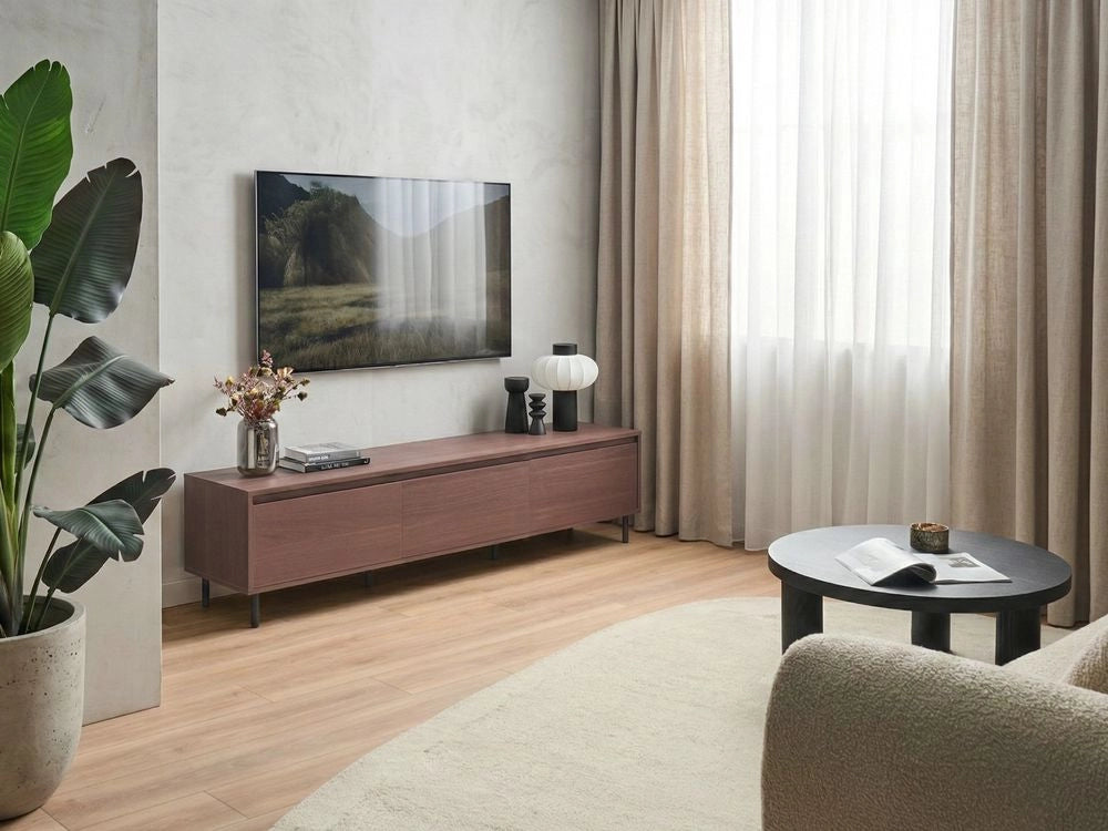 Porta TV in legno scuro  con gambe in metallo nero 180 x 40 x 43 cm Unità multimediale con 3 ante Moderno minimalista