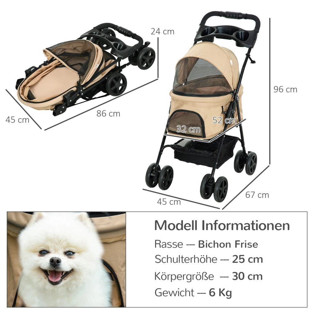 Carrello pieghevole per animali con quattro doppie ruote, freni posteriori e cestello in tessuto oxford khaki