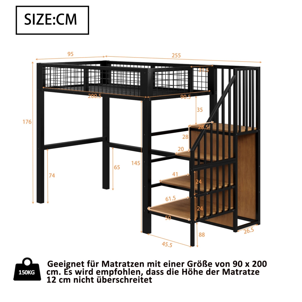 LETTO A CASTELLO 90x200 cm in metallo nero con scala e armadio