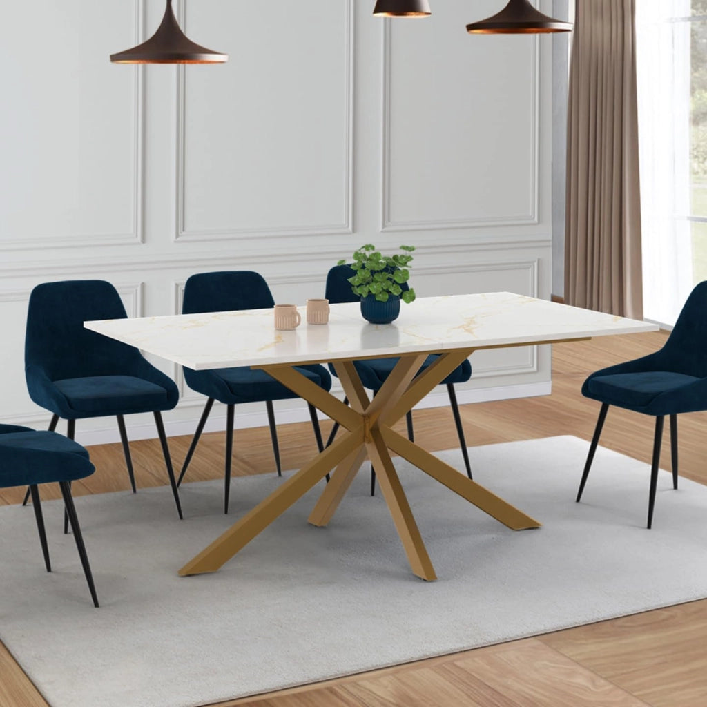 ALIX Tavolo da pranzo rettangolare per 8 persone con gamba a ragno in ottone e piano effetto marmo bianco ALASKA 160 cm