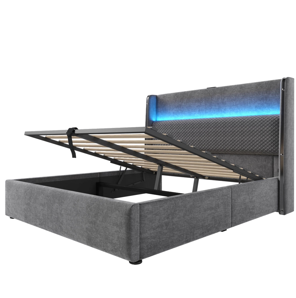 Letto matrimoniale 140x200 cm con testiera alta; LED; contenitore; USB e Type-C; grigio