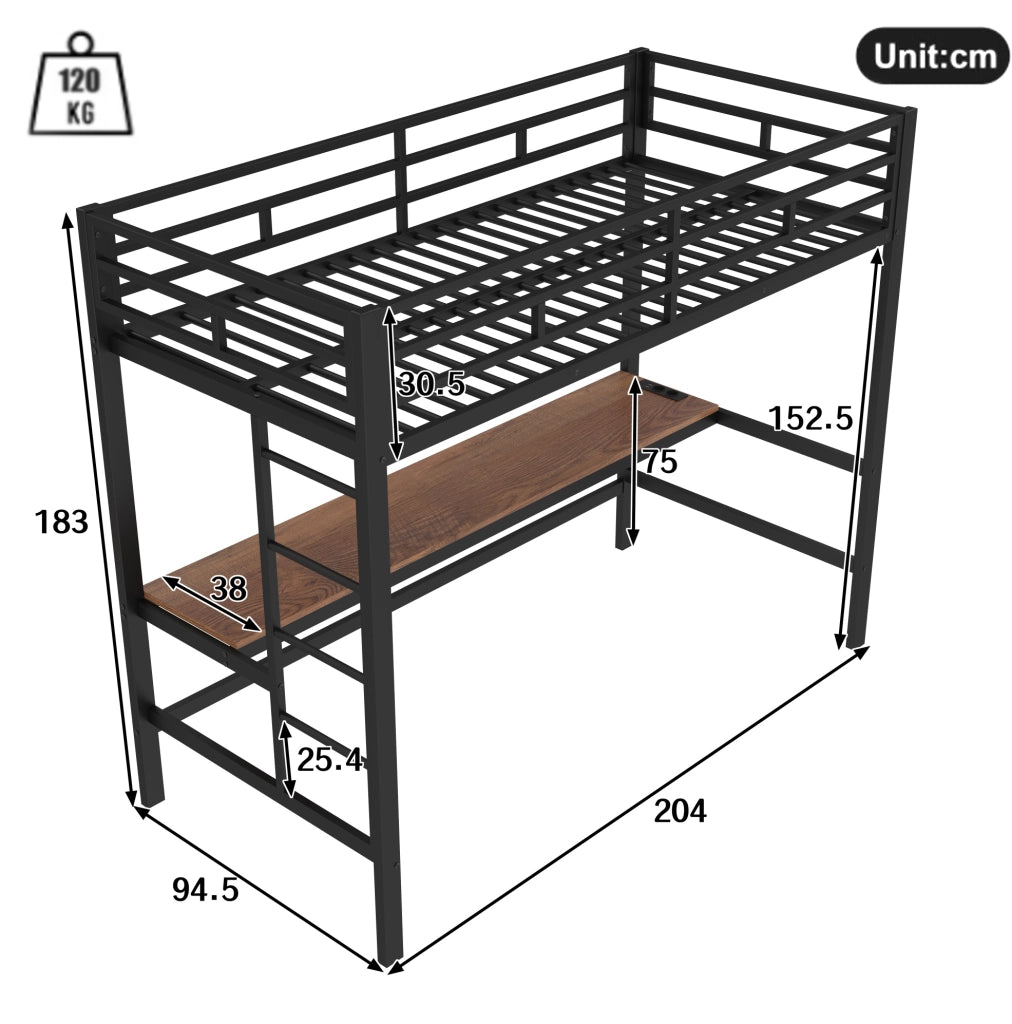 Letto a soppalco 90x200 cm nero con scrivania, LED APP, USB e Type-C