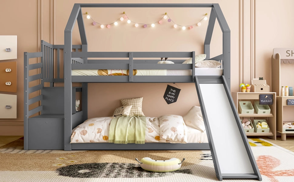 DESMIU Letto a castello 90 × 200 cm 2 posti con scala contenitore e scivolo, senza materasso, in legno e MDF, grigio