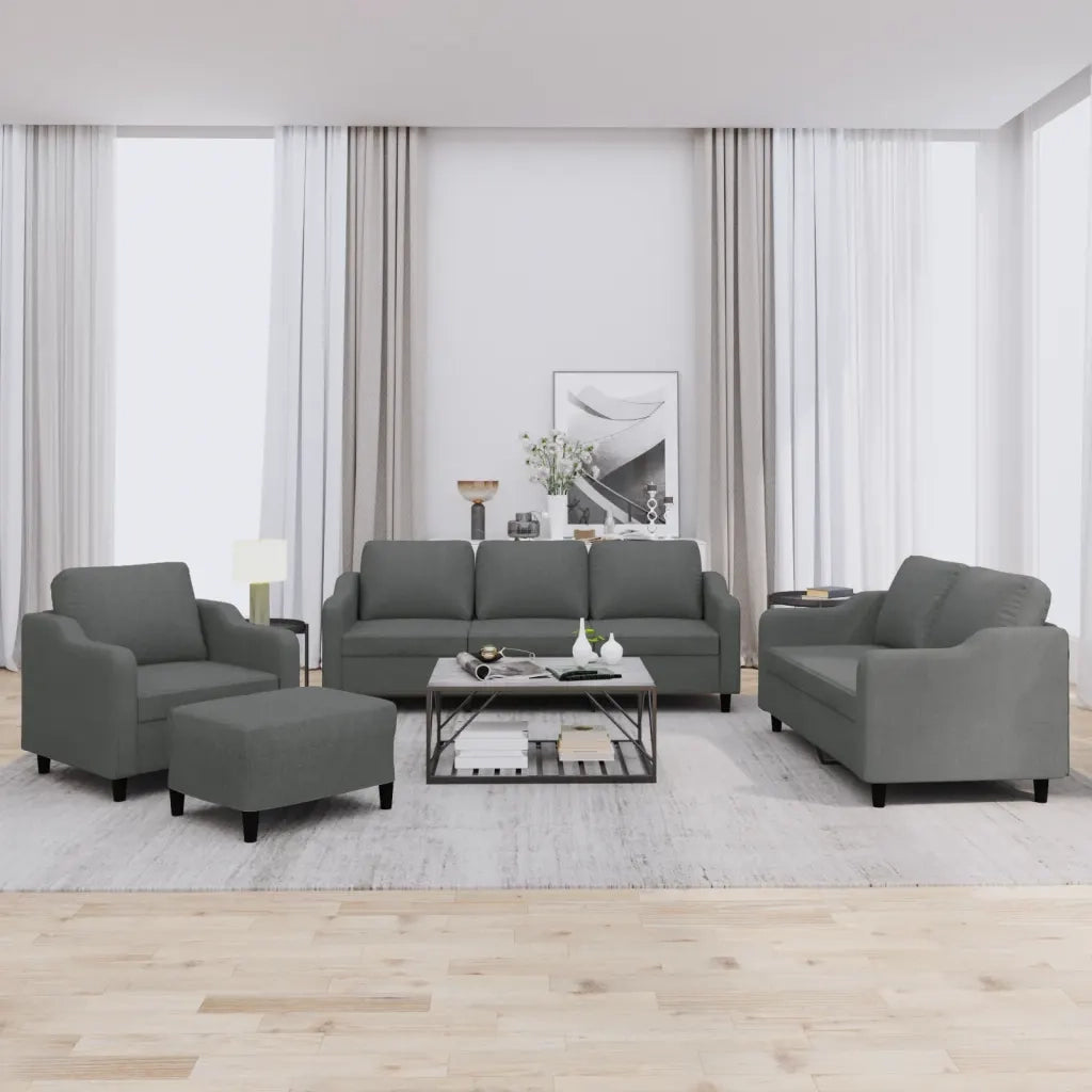 Set di Divani 4 pz con Cuscini Grigio Scuro in Tessuto