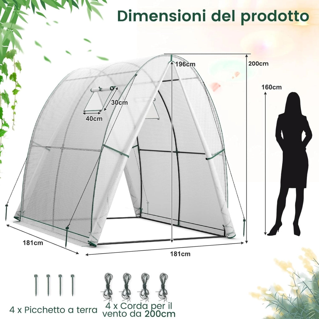 Serra da Giardino 181 x 181 x 200 CM, Serra a Tunnel da Esterno con 2 Porte con Zip, 2 Finestre, Copertura in PE Impermeabile e Tasche Laterali, Serra Invernale per Giardino (Bianco)