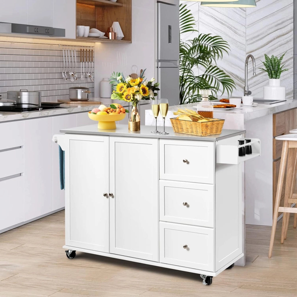 Carrello da cucina con piastra in acciaio inox, armadio da cucina con ruote, isola mobile con 3 cassetti e ripiani regolabili, carrello da servizio, carrello da cucina, carrello da cucina, 135