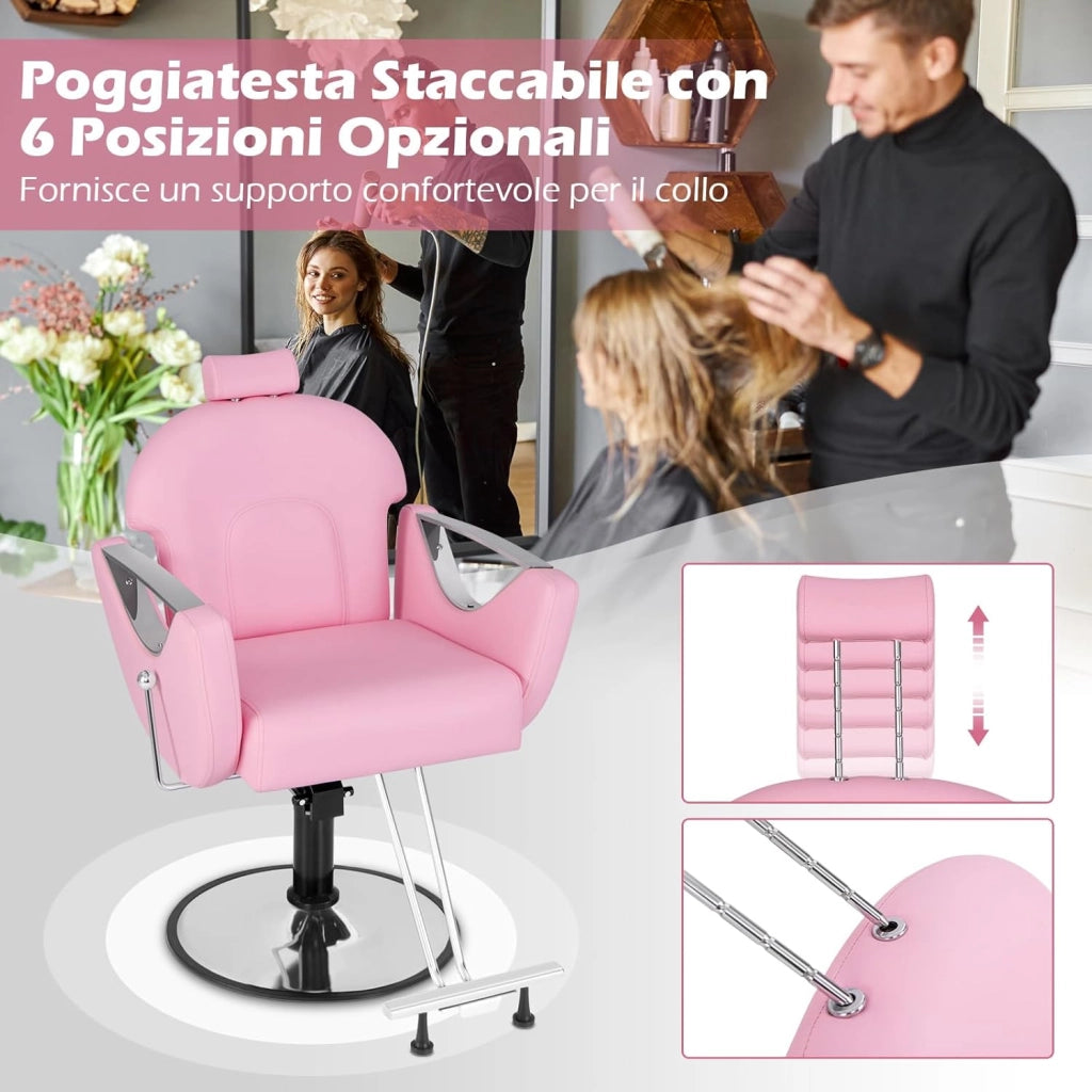 Sedia da Parrucchiere Girevole 360°，Altezza Regolabile, Poltrona Idraulica con Poggiapiedi, Sedia da Salone con Poggiatesta e Schienale Reclinabile, per Parrucchieri, Saloni di Bellezza (Rosa)
