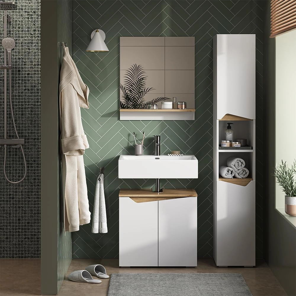 Armadio per il bagno Marelle, Bianco/Artisan, 30 x 180 cm con ante e vani a giorno, per la conservazione di articoli da bagno e asciugamani