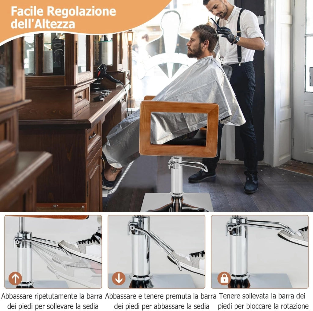 Poltrona da Barbiere, Sedia da Barbiere Girevole a 360°, Regolabile in Altezza, con Braccioli in Legno Massello, Portata 150 kg