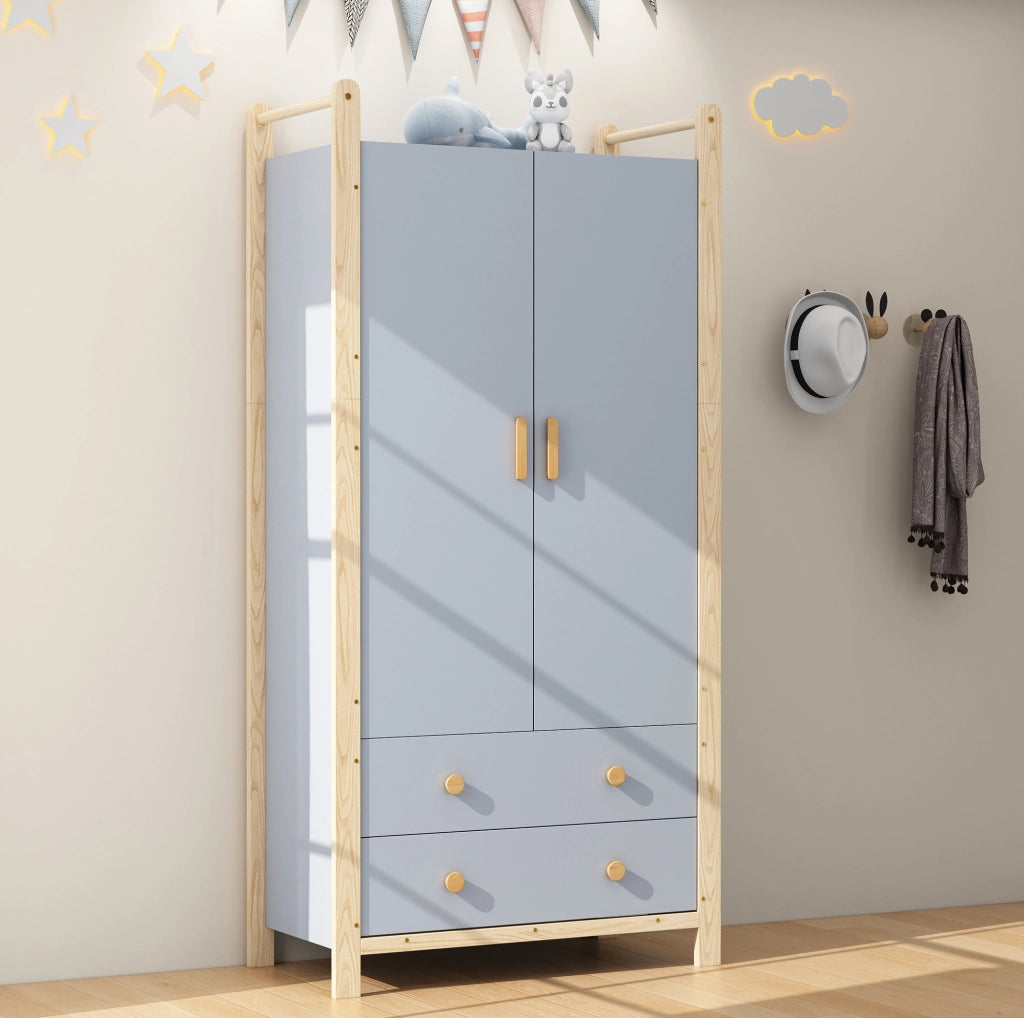 Guardaroba con scaffale blu e naturale in legno, 180,5 cm
