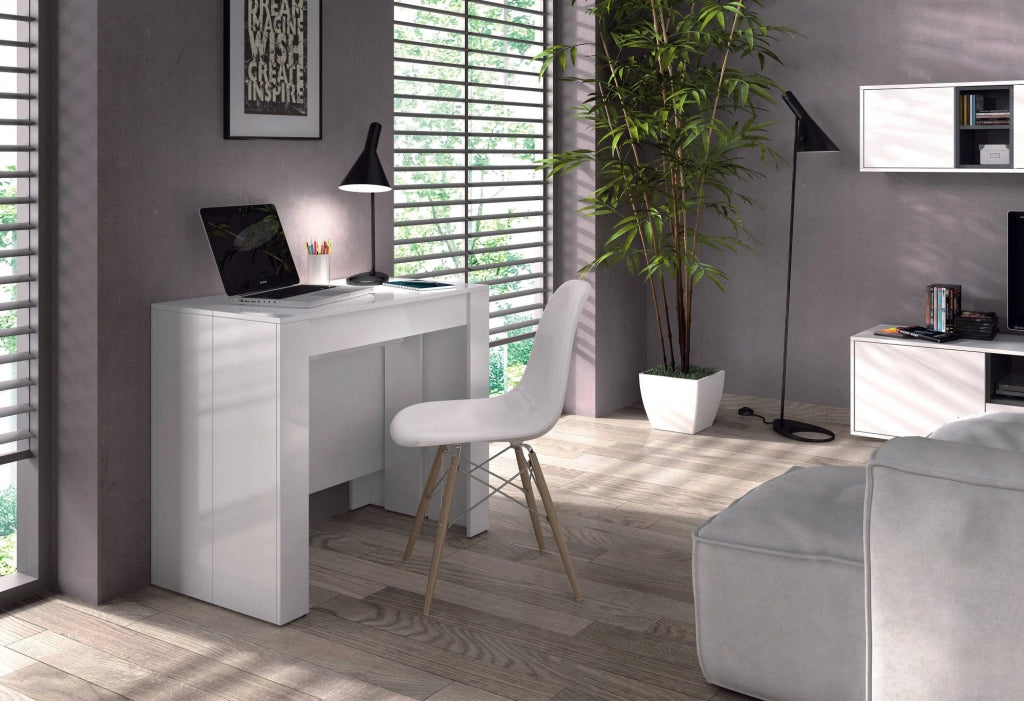 Consolle Abicitren, Tavolo da pranzo allungabile, Tavolo con allunghe multiuso estensibile fino a 10 posti, cm 51/237x90h78, Bianco Lucido