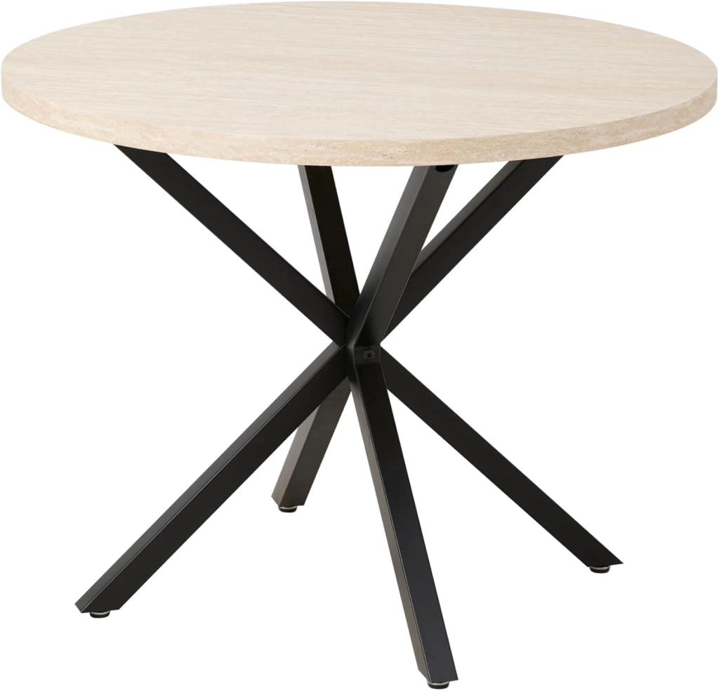GrandCA HOME Tavolo da Pranzo Rotondo con Piano Moderno Effetto Marmo, Tavolo da Pranzo da Cucina con Quattro Gambe in Metallo, per Sala da Pranzo, Bianco+GDL