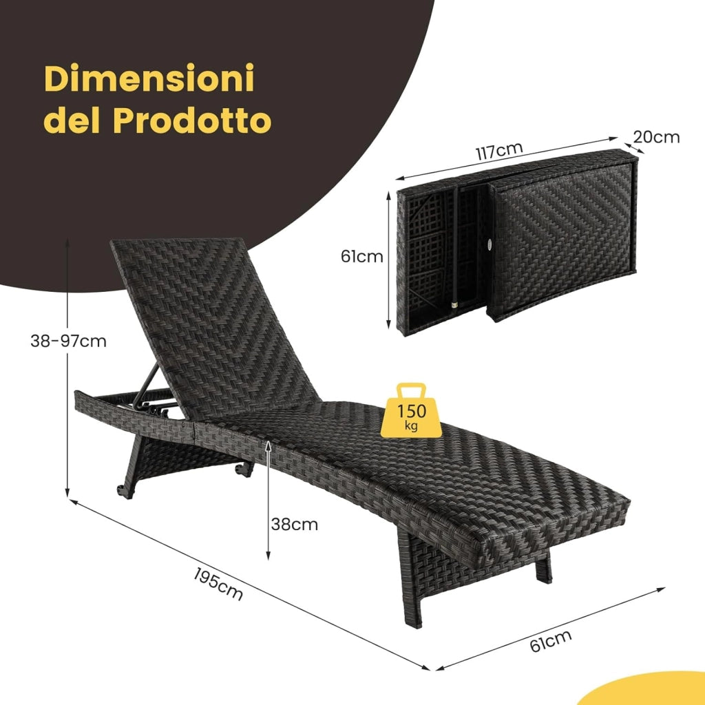Lettino Prendisole in Rattan PE, Sdraio da Giardino Pieghevole con Schienale Regolabile, Schiuma ad Asciugatura Rapida e Due Ruote, Portata 150 kg, per Balcone Piscina
