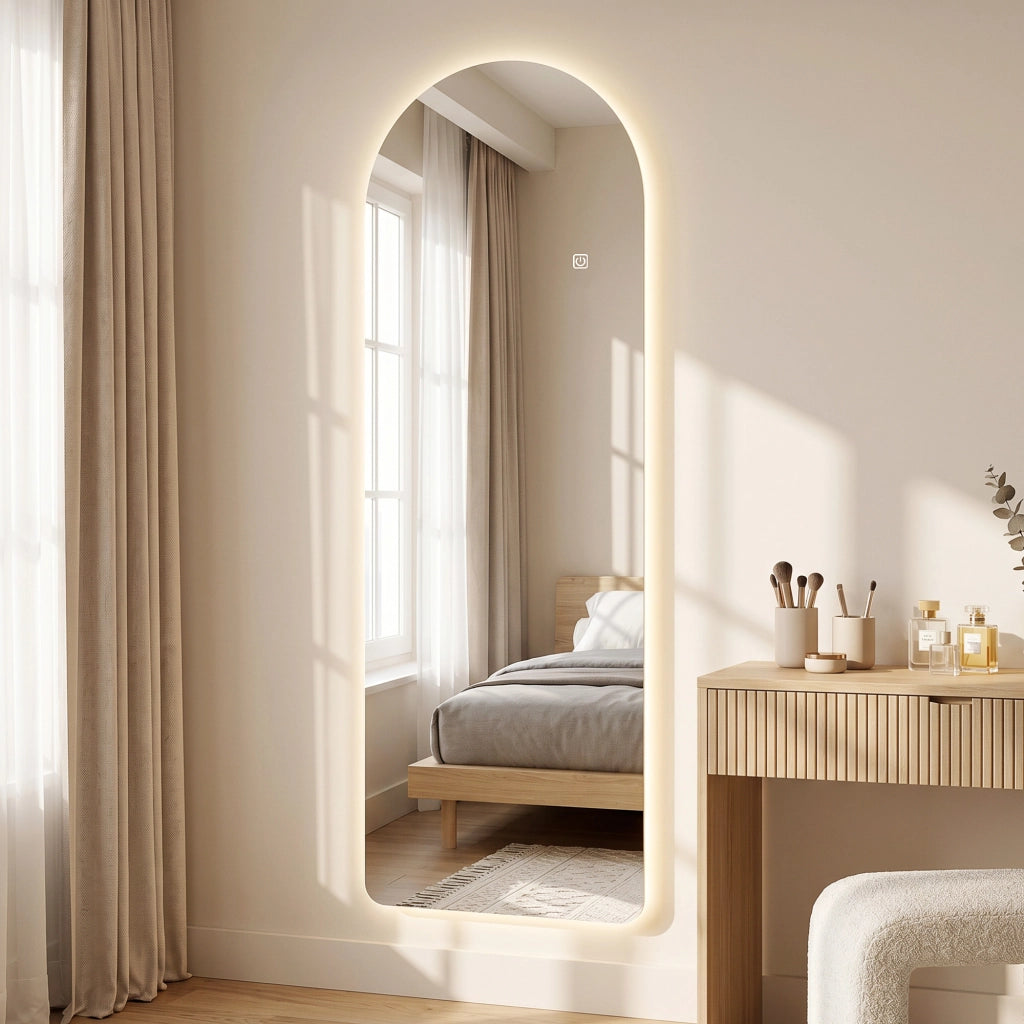 Specchio da Parete ad Arco con Illuminazione LED Regolabile e Controllo Touch, in Vetro Temperato, 40x3x120 cm