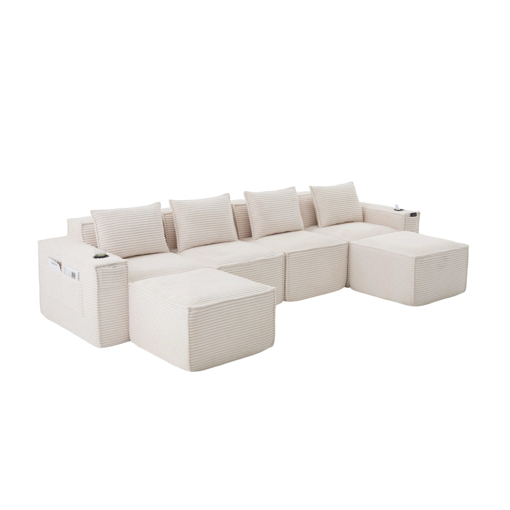 Divano modulare 4 posti - con portabicchieri e tasche laterali - in tessuto a coste beige