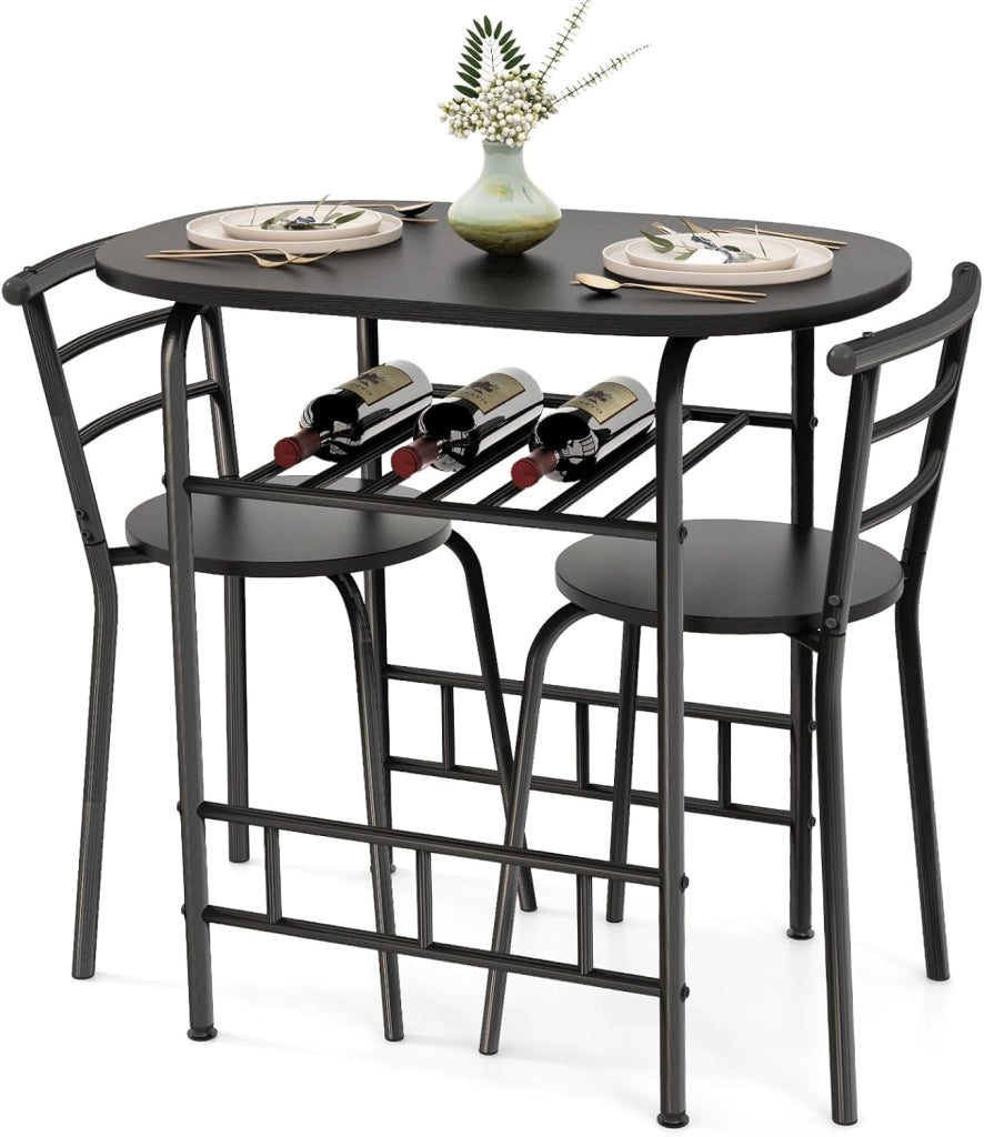 Set da Pranzo 3 Pezzi, 1 Tavolo Ovale Piccolo e 2 Sedie, con Portabottiglie, Piano del Tavolo con Venature del Legno, Robusto Telaio in Metallo (naturale) (argento)