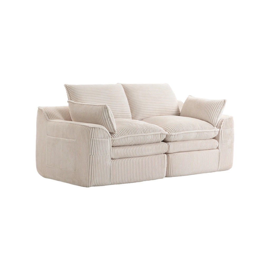 Divano a 2 posti in tessuto corduroy beige con tasche laterali, cuscini e struttura in schiuma a 3 strati con molle