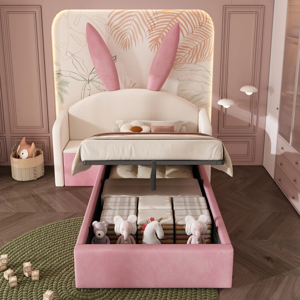 Letto imbottito con vano contenitore 90x190 cm velluto beige-rosa