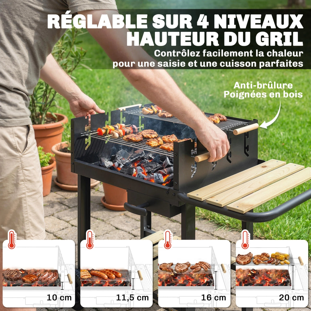 Carrello per Barbecue in Legno con 2 Griglie Regolabili ¨C zephmum ¨C Nero