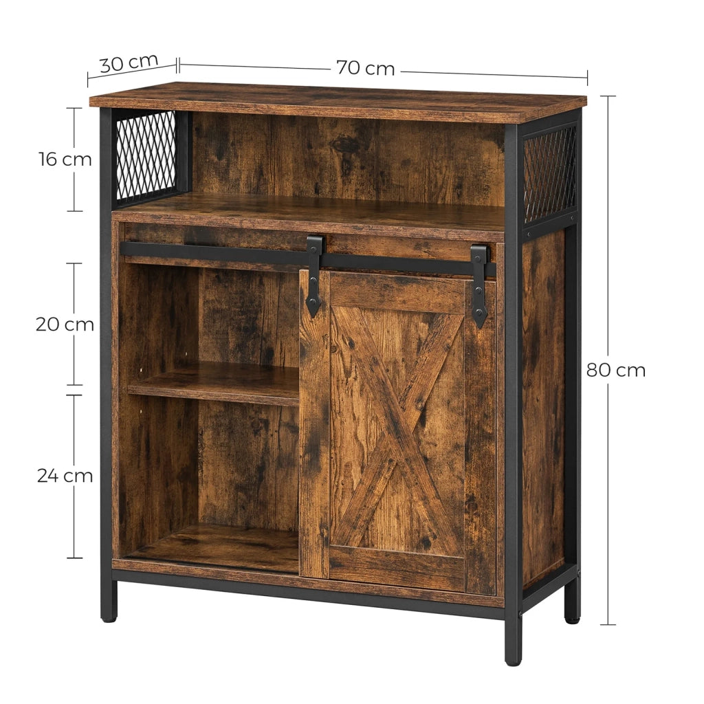 Mobile contenitore/credenza 70 x 30 x 80 cm con anta scorrevole vano aperto ripiano regolabile stile industriale per ingresso soggiorno cucina ufficio marrone rustico e nero 12_0006430