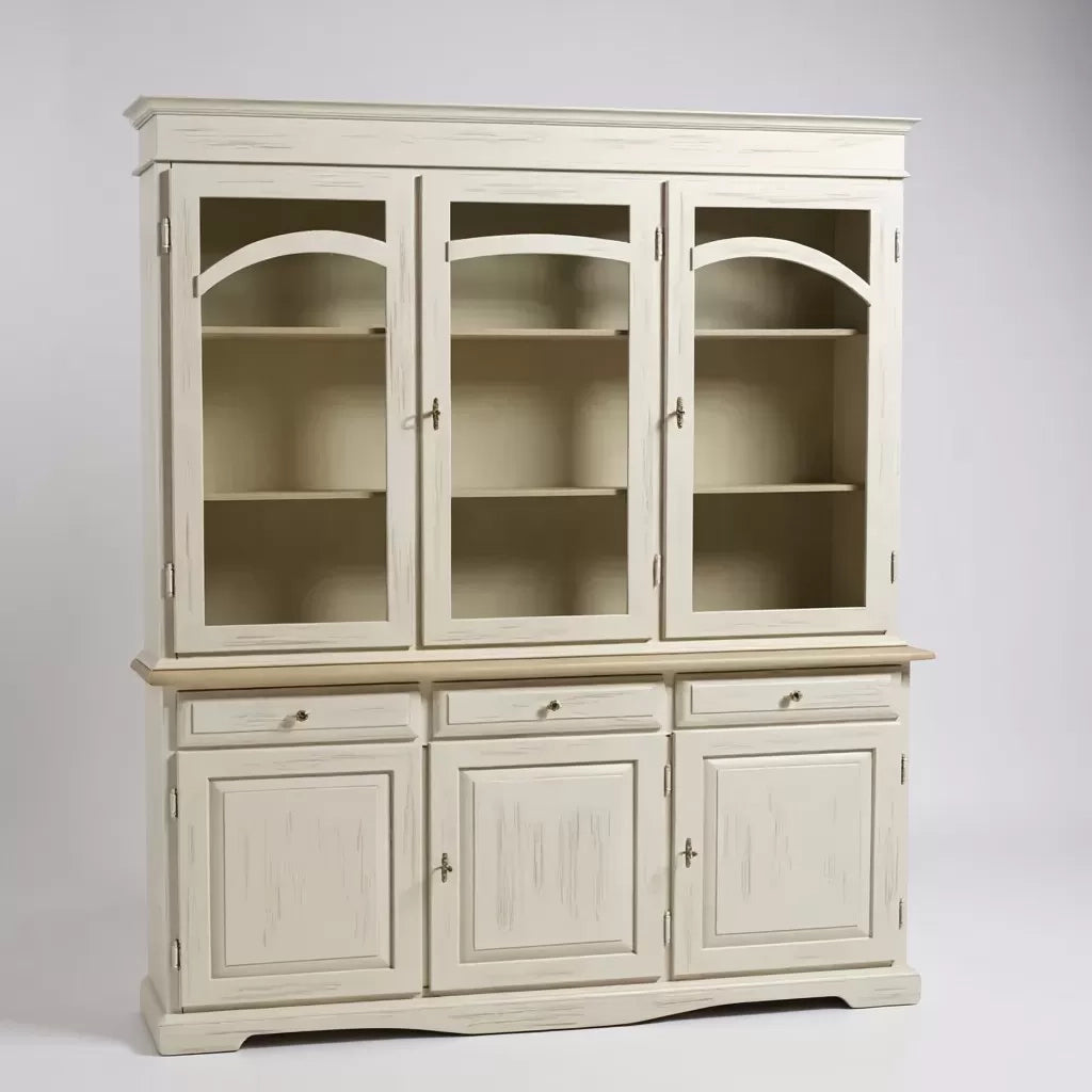 Cristalliera 3 ante legno shabby bianco anticato e tortora 156x42x205 - Mobili 2G