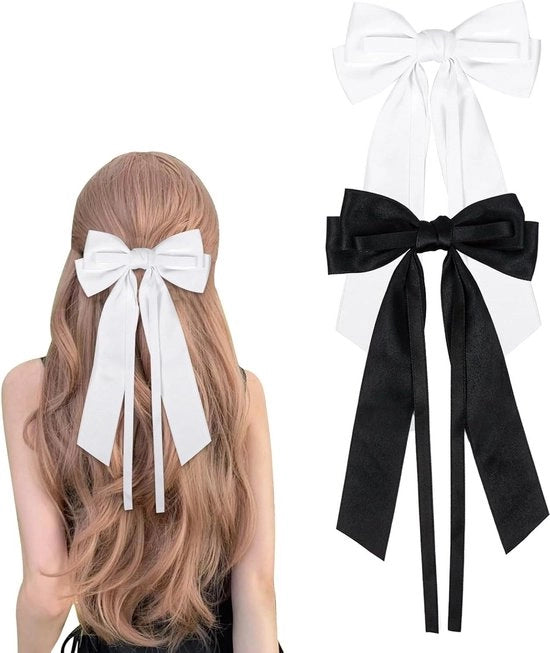 Due Bottoni di Capelli in Satin Nero per Ragazze Donne - Nero Bianco