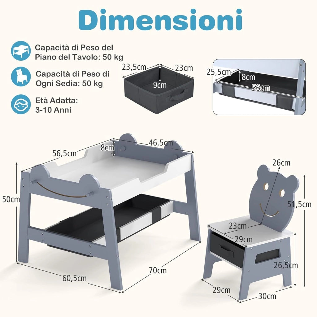 Set Tavolo e 2 Sedie per Bambini, 5 in 1 Tavolino e Sedie con 4 Ganci, 3 Scatole in Tessuto e Lavagna Reversibile per Bambini 3+ Anni per Cameretta Ragazzi (Grigio, Stile 5)