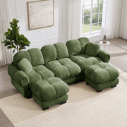 Divano modulare a U con pouf mobile e cuscini design trapuntato seduta confortevole in chenille verde 260 × 149 × 90 cm