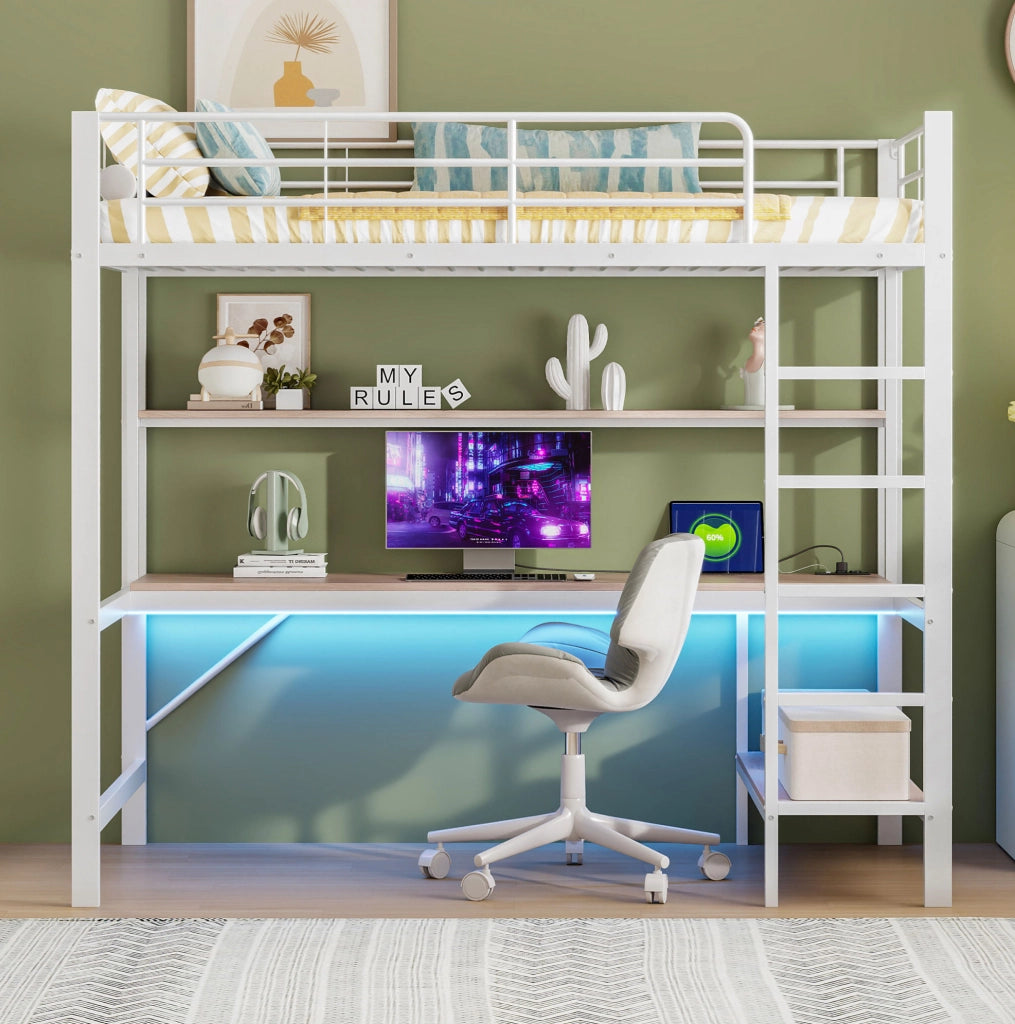 Letto a soppalco 90x200 cm con scrivania, LED e USB